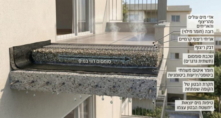 חתך שכבות איטום במרפסת מרוצפת וניקוז מים מתחת לריצוף
